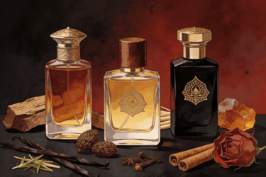Kompozycja przedstawia luksusowe flakony perfum w artystycznym stylu, wykonane ze szkła i metalu, ustawione na ciemnym, teksturowanym tle. Wokół flakonów widoczne naturalne składniki charakterystyczne dla zapachów orientalnych: kawałki drewna oudowego, żywice, laski wanilii, przyprawy (kardamon, cynamon), bursztynowa ambra, suszona róża. Kolorystyka ciepła i głęboka – odcienie bursztynu, złota, brązu, ciemnej czerwieni i czerni. Delikatne, miękkie światło budujące wrażenie głębi, tajemnicy i luksusu. Styl realistyczno-artystyczny, bez postaci ludzkich, bez tekstu, bez logotypów. Estetyka premium, perfumeria artystyczna, klimat Bliskiego Wschodu i śródziemnomorskiej tradycji zapachowej. Obraz poziomy, idealny jako grafika główna do artykułu eksperckiego.