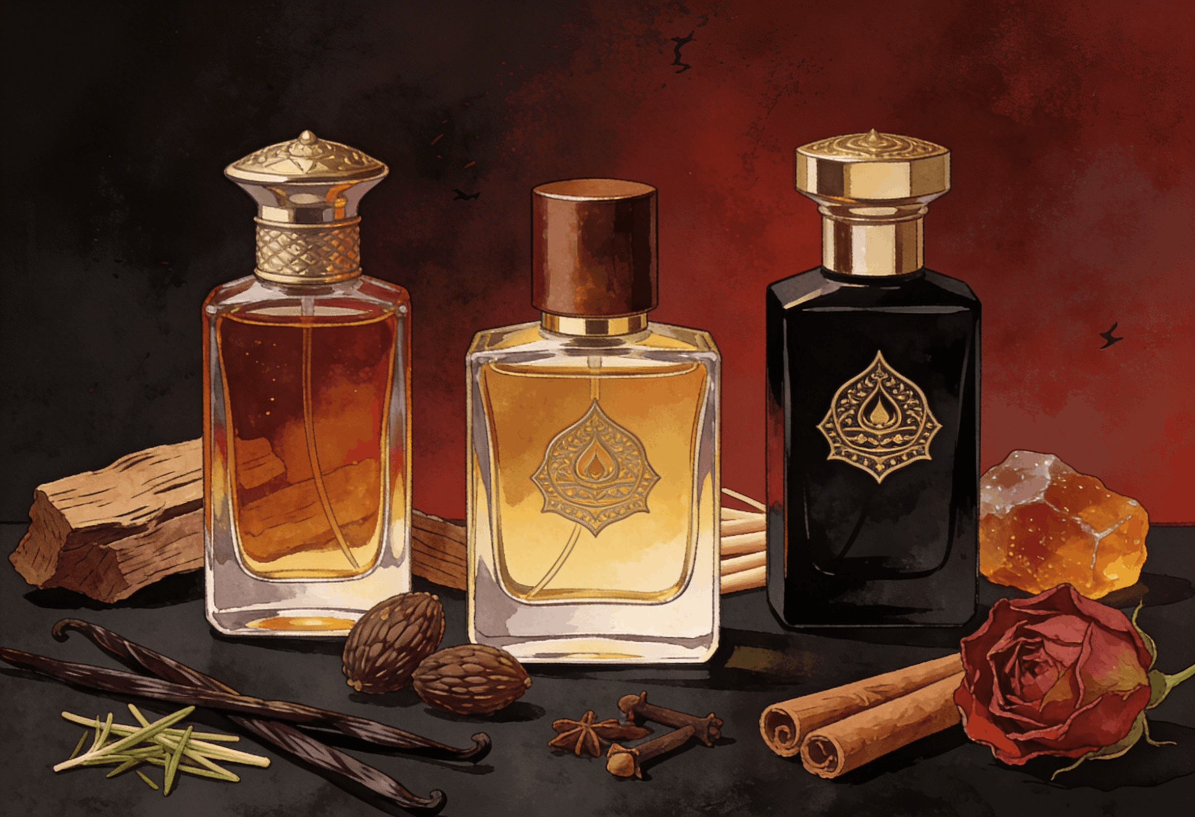 Kompozycja przedstawia luksusowe flakony perfum w artystycznym stylu, wykonane ze szkła i metalu, ustawione na ciemnym, teksturowanym tle. Wokół flakonów widoczne naturalne składniki charakterystyczne dla zapachów orientalnych: kawałki drewna oudowego, żywice, laski wanilii, przyprawy (kardamon, cynamon), bursztynowa ambra, suszona róża. Kolorystyka ciepła i głęboka – odcienie bursztynu, złota, brązu, ciemnej czerwieni i czerni. Delikatne, miękkie światło budujące wrażenie głębi, tajemnicy i luksusu. Styl realistyczno-artystyczny, bez postaci ludzkich, bez tekstu, bez logotypów. Estetyka premium, perfumeria artystyczna, klimat Bliskiego Wschodu i śródziemnomorskiej tradycji zapachowej. Obraz poziomy, idealny jako grafika główna do artykułu eksperckiego.