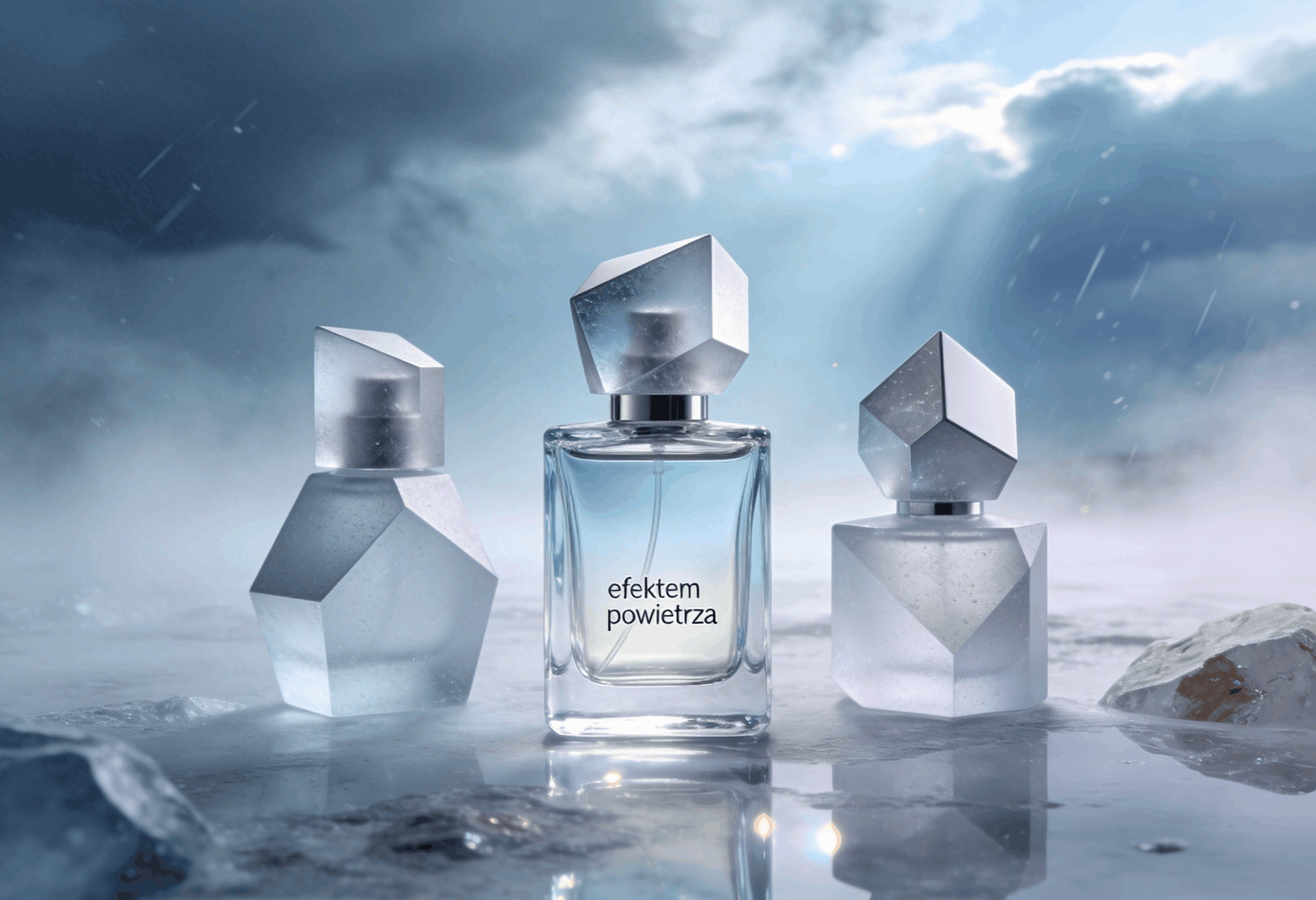 Kompozycja przedstawia minimalistyczne flakony perfum o geometrycznych kształtach, wykonane z przezroczystego i lekko matowego szkła, umieszczone w chłodnej, przestrzennej scenerii. Tło abstrakcyjne, inspirowane świeżym powietrzem po burzy: delikatna mgła, subtelne refleksy światła, wrażenie ruchu powietrza i przestrzeni. Kolorystyka chłodna i krystaliczna – odcienie jasnego błękitu, szarości, srebra, lodowej bieli, z delikatnymi akcentami mineralnymi. Atmosfera czystości, lekkości i nowoczesności, bez motywów morskich i bez cytrusów. Styl elegancki, niszowy, molekularny, z wyczuwalnym „efektem powietrza”. Brak postaci ludzkich, brak tekstu, brak logotypów. Obraz poziomy, estetyka premium, idealny jako grafika główna do eksperckiego artykułu o perfumerii artystycznej.